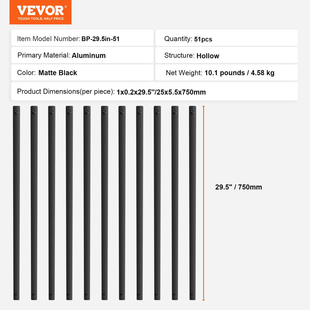 29.5"x1" Flat Aluminum Alloy 51 Pack Satin Black Metal Balusters C606