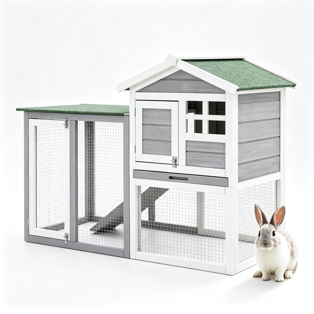 48" 2-Story Wooden Rabbit Hutch with Ramp I5359