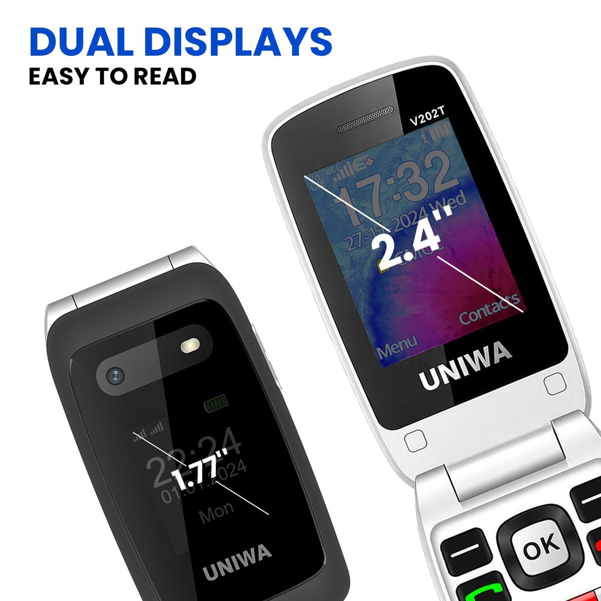 4G Flip Phone Unlocked with Dual Screen, SOS Button, Big Fonts, Camera, Bluetooth, FM Radio, 1450mAh Battery T5415
