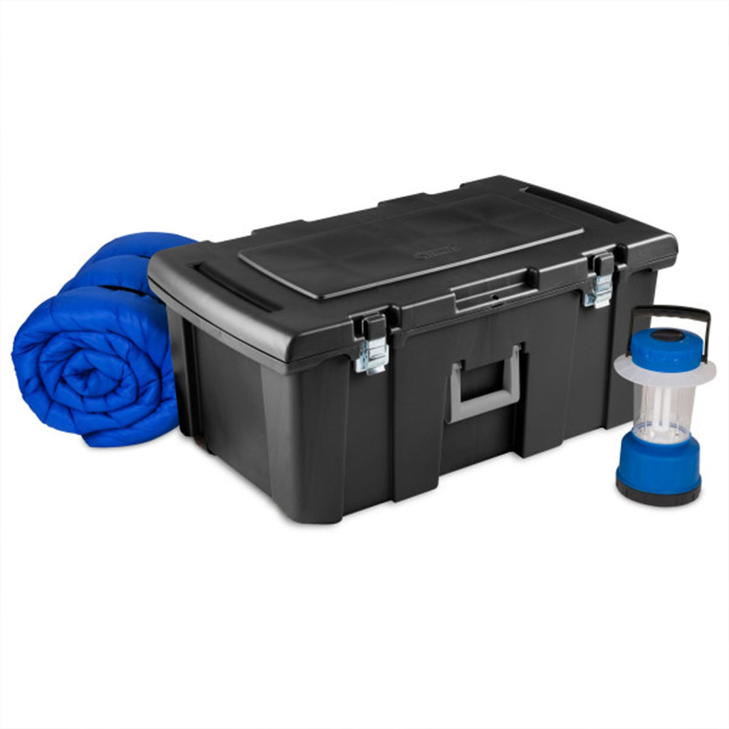 Stackable Plastic Storage Bin with Latching Lid, Wheels and Handle, Black I261848