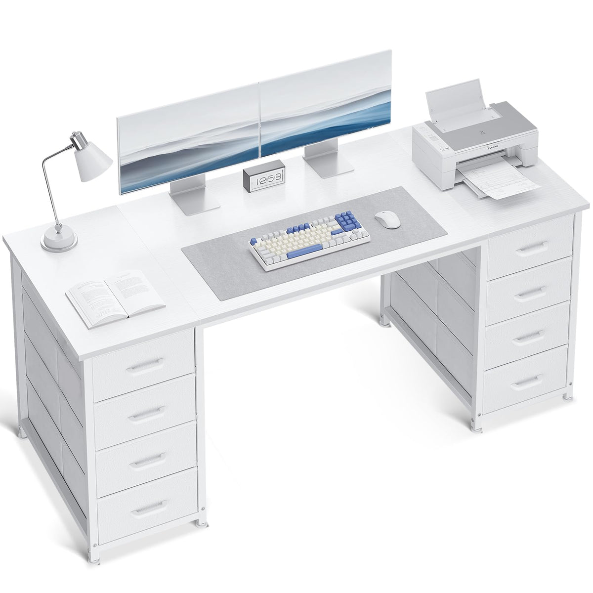 55 Inch Computer Desk with 8 Fabric Drawers White V356