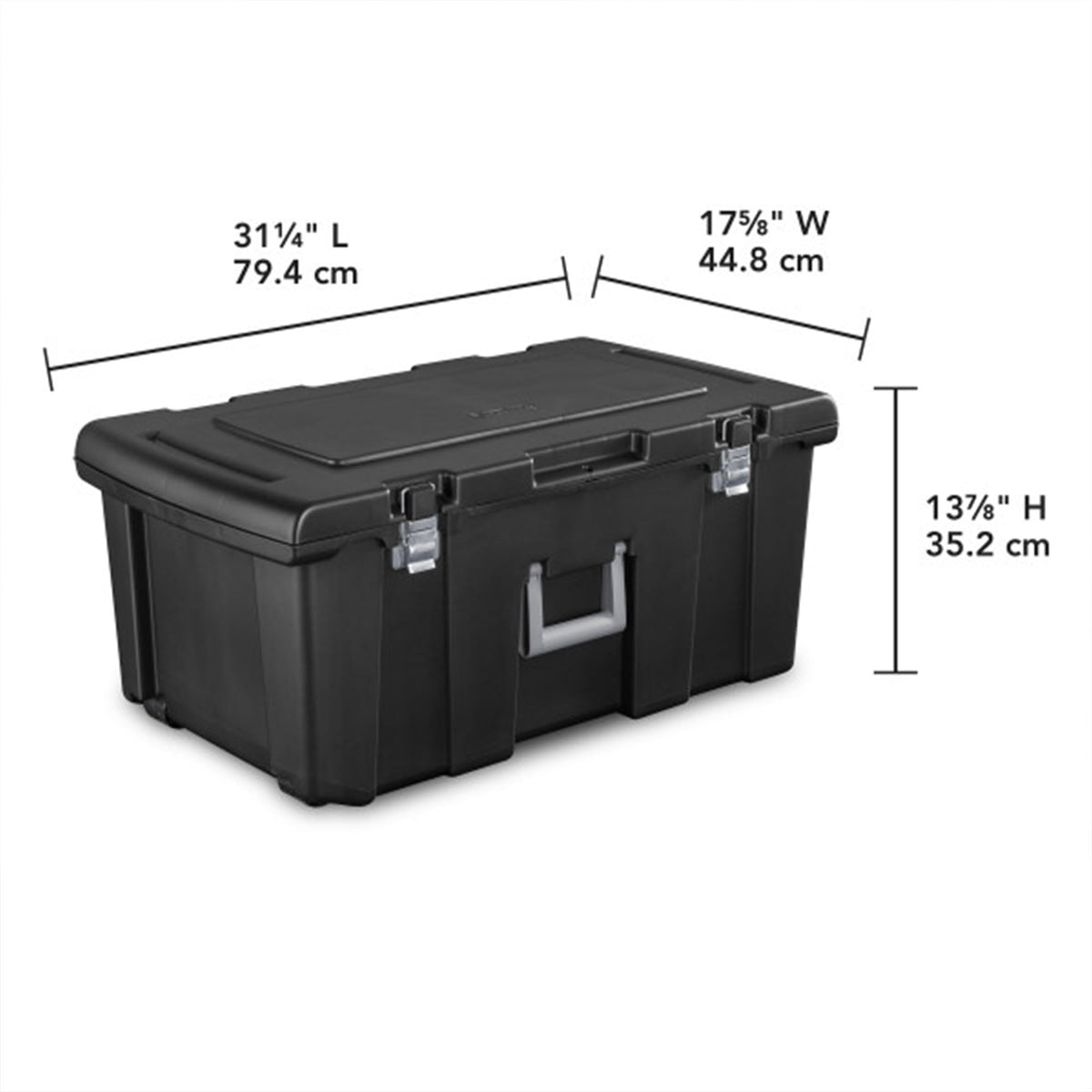 Stackable Plastic Storage Bin with Latching Lid, Wheels and Handle, Black I261848