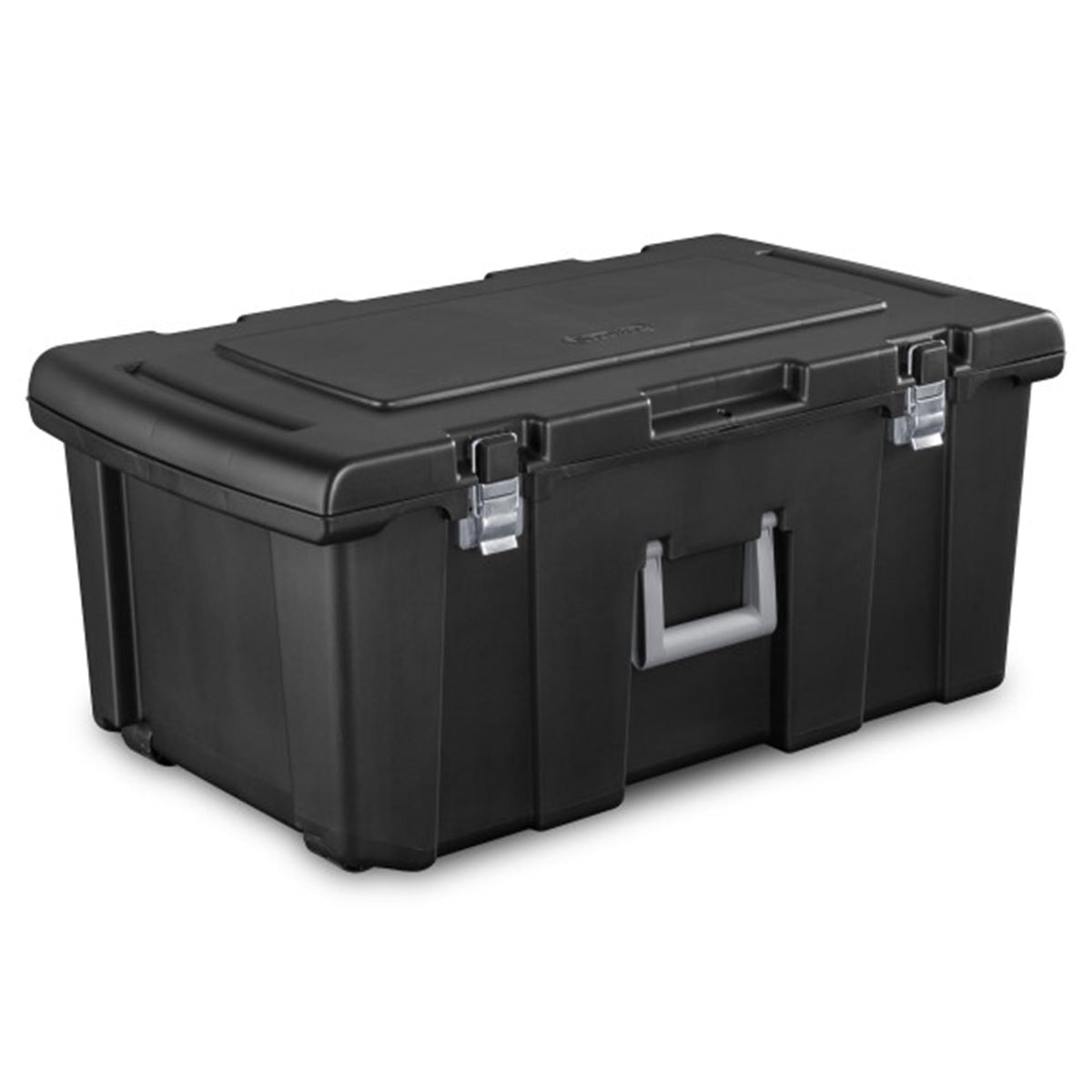 Stackable Plastic Storage Bin with Latching Lid, Wheels and Handle, Black I261848