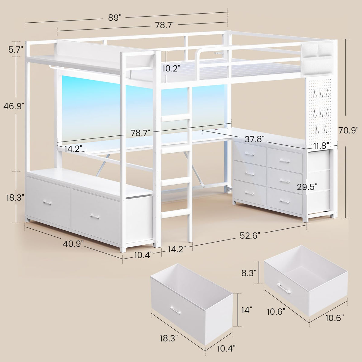 White Twin Loft Bed with L-Shaped Desk and 8 Storage Drawers A4807