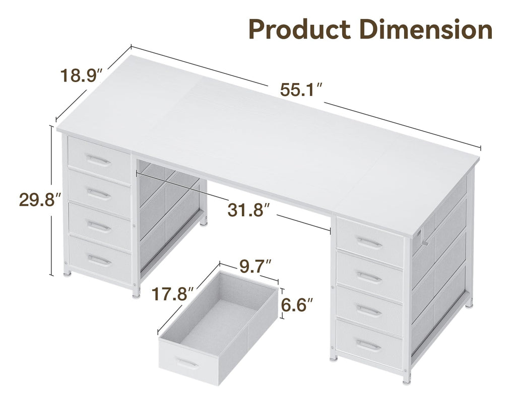 55 Inch Computer Desk with 8 Fabric Drawers White V356