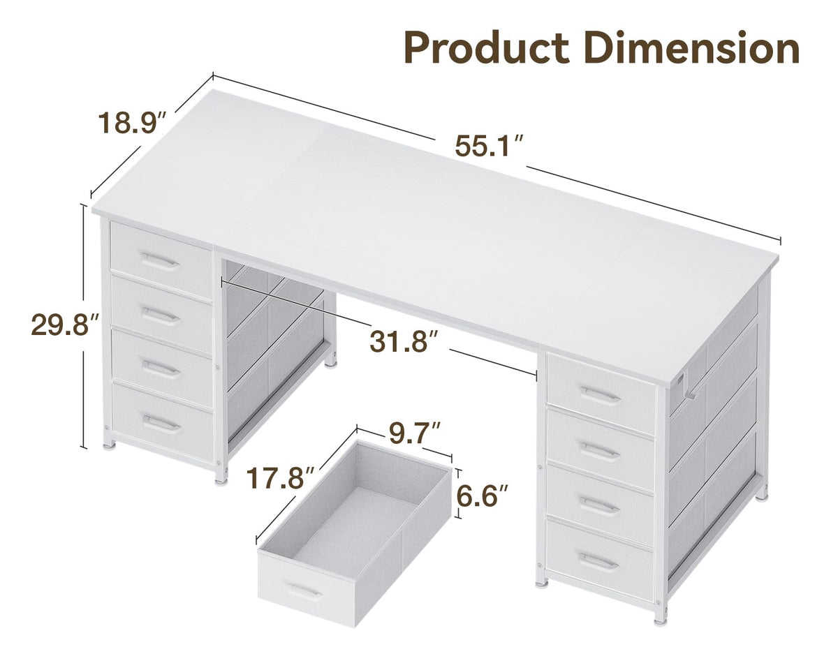 55 Inch Computer Desk with 8 Fabric Drawers White V356