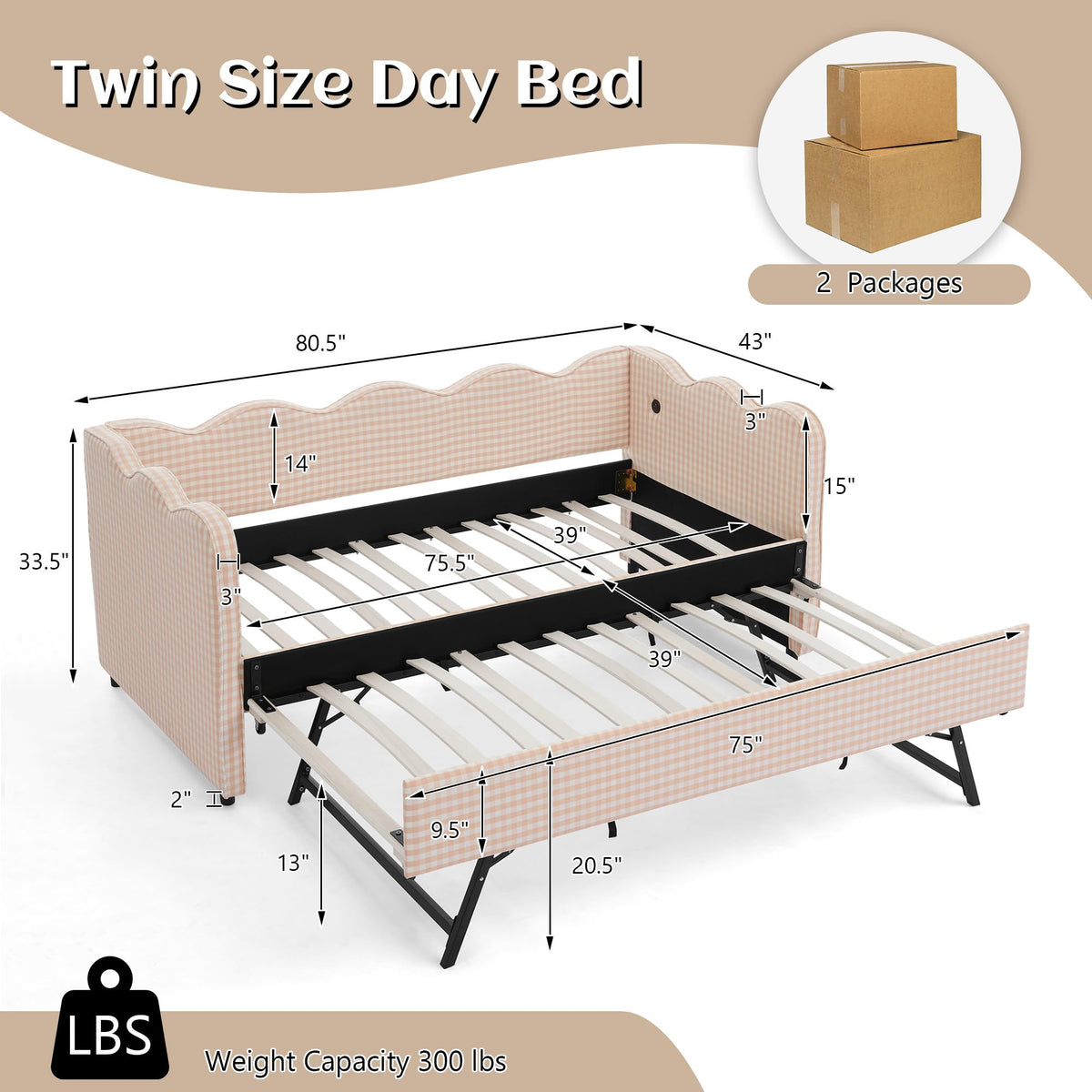 Twin to King Upholstered Daybed with Pop Up Trundle Bed P64355