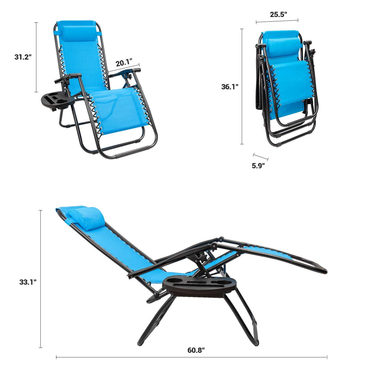 Blue Set of 2 Adjustable Folding Lounge Chair with Pillows and Cup Holders E7261