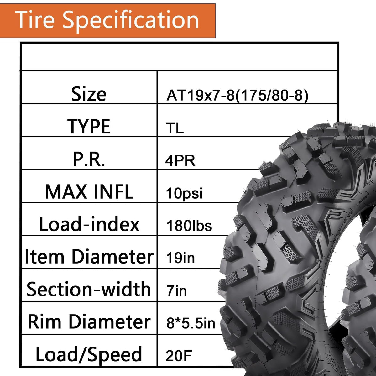 2 Pack 19x7-8 Tubeless All Terrain ATV Tires W5001