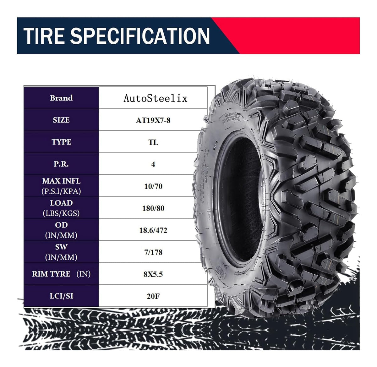2 Pack 19x7-8 Tubeless All Terrain ATV Tires W5001