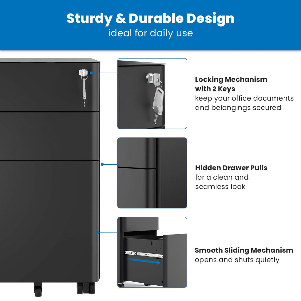 Black 3 Drawer Rolling File Cabinet with Lock F249764