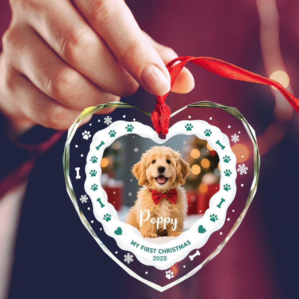 Personalized Dog's Name & Photo Heart Glass Ornament A58105