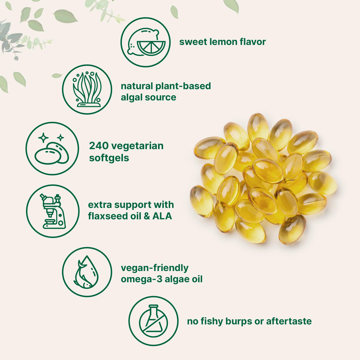 Vegan Omega 3 Algae Oil 240 Veggie Softgels DHA 500mg DPA 100mg Lemon Flavored T4243
