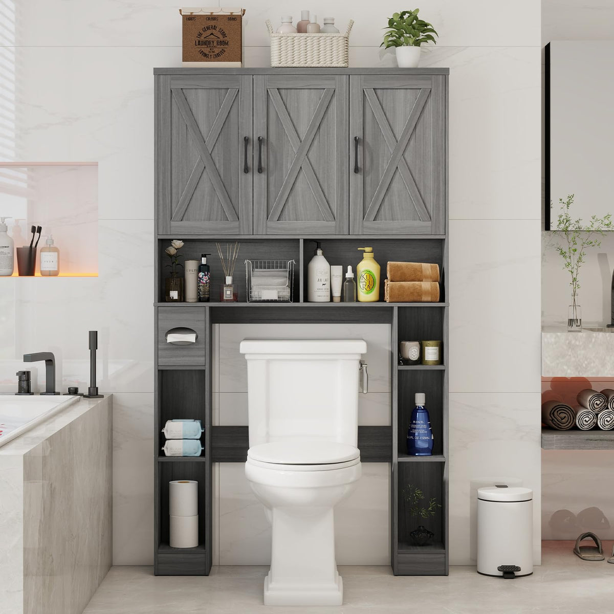 Over The Toilet Storage Cabinet with 3 Barn Doors O1907