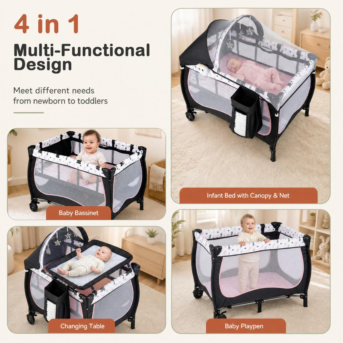 4 in 1 Portable Baby Playard with Bassinet and Changing Table O224