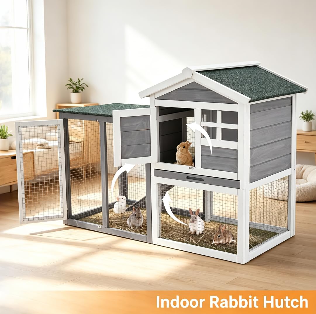 48" 2-Story Wooden Rabbit Hutch with Ramp I5359