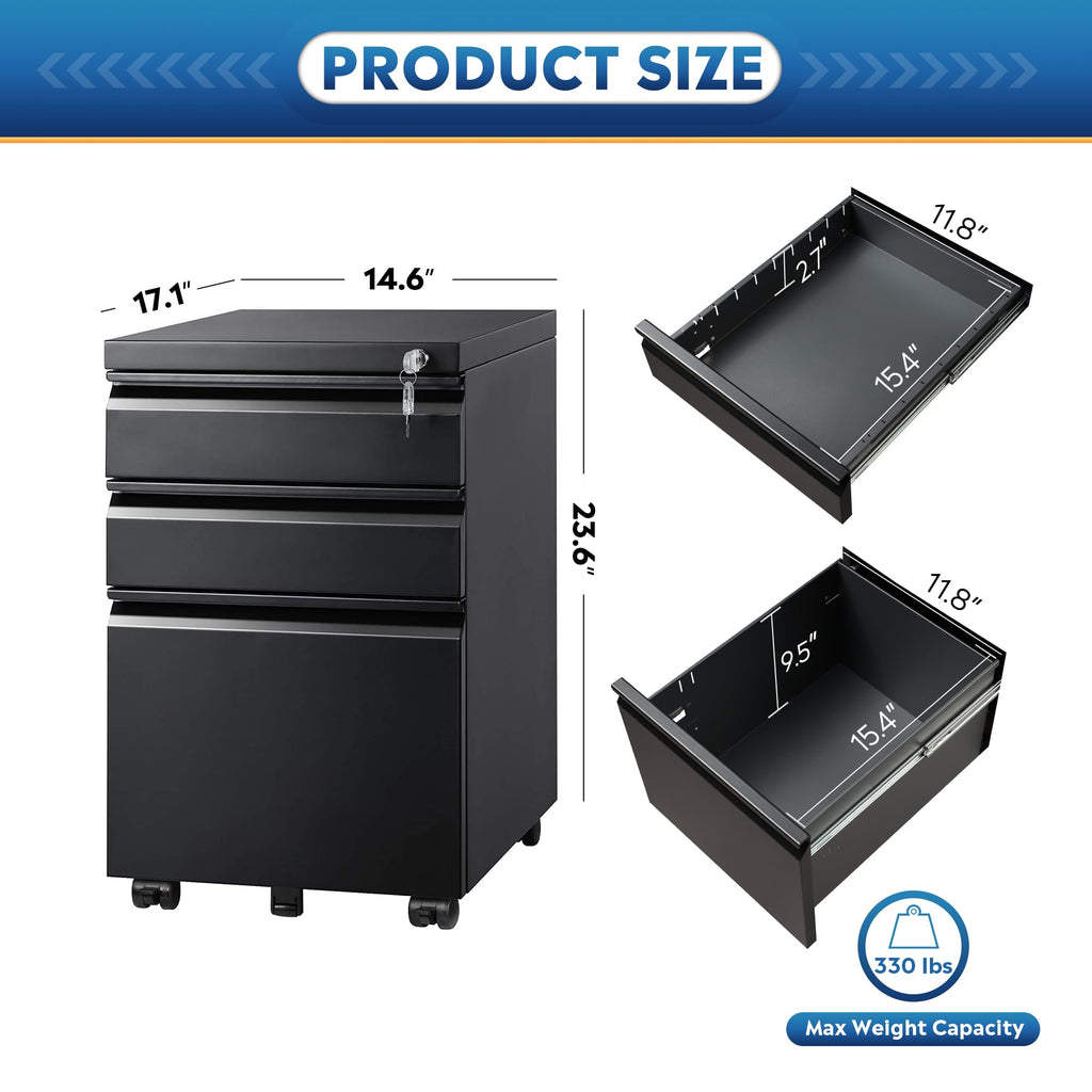 3 Drawer Mobile File Cabinet with Lock, Black R5423
