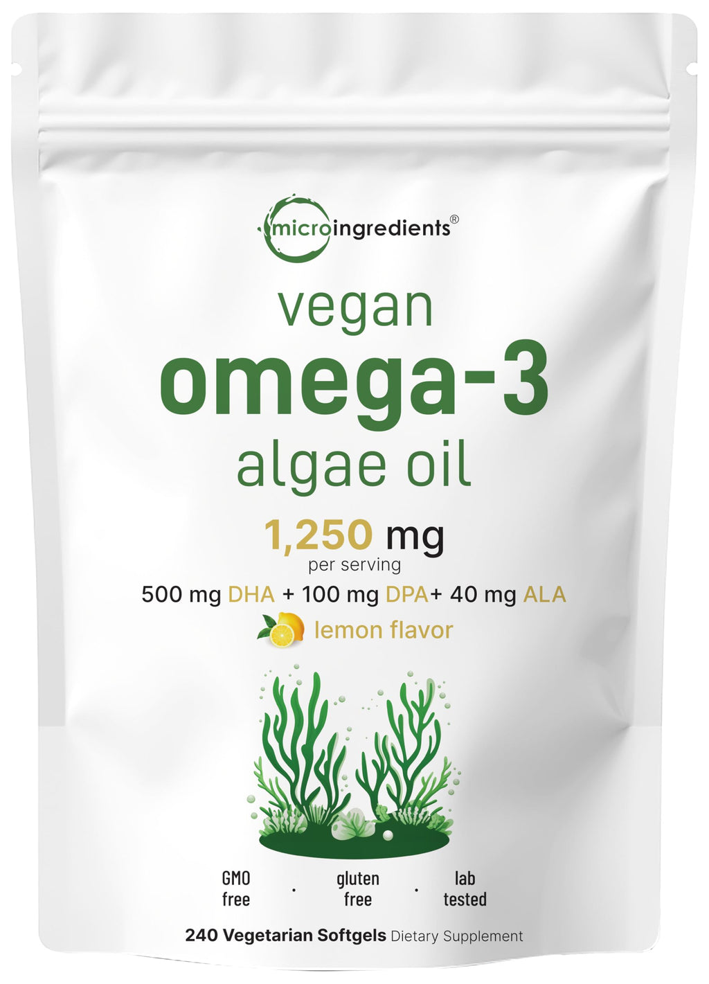 Vegan Omega 3 Algae Oil 240 Veggie Softgels DHA 500mg DPA 100mg Lemon Flavored T4243