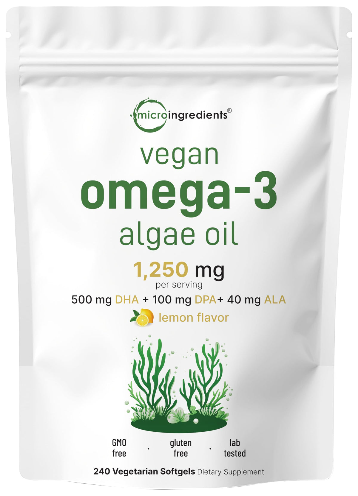 Vegan Omega 3 Algae Oil 240 Veggie Softgels DHA 500mg DPA 100mg Lemon Flavored T4243