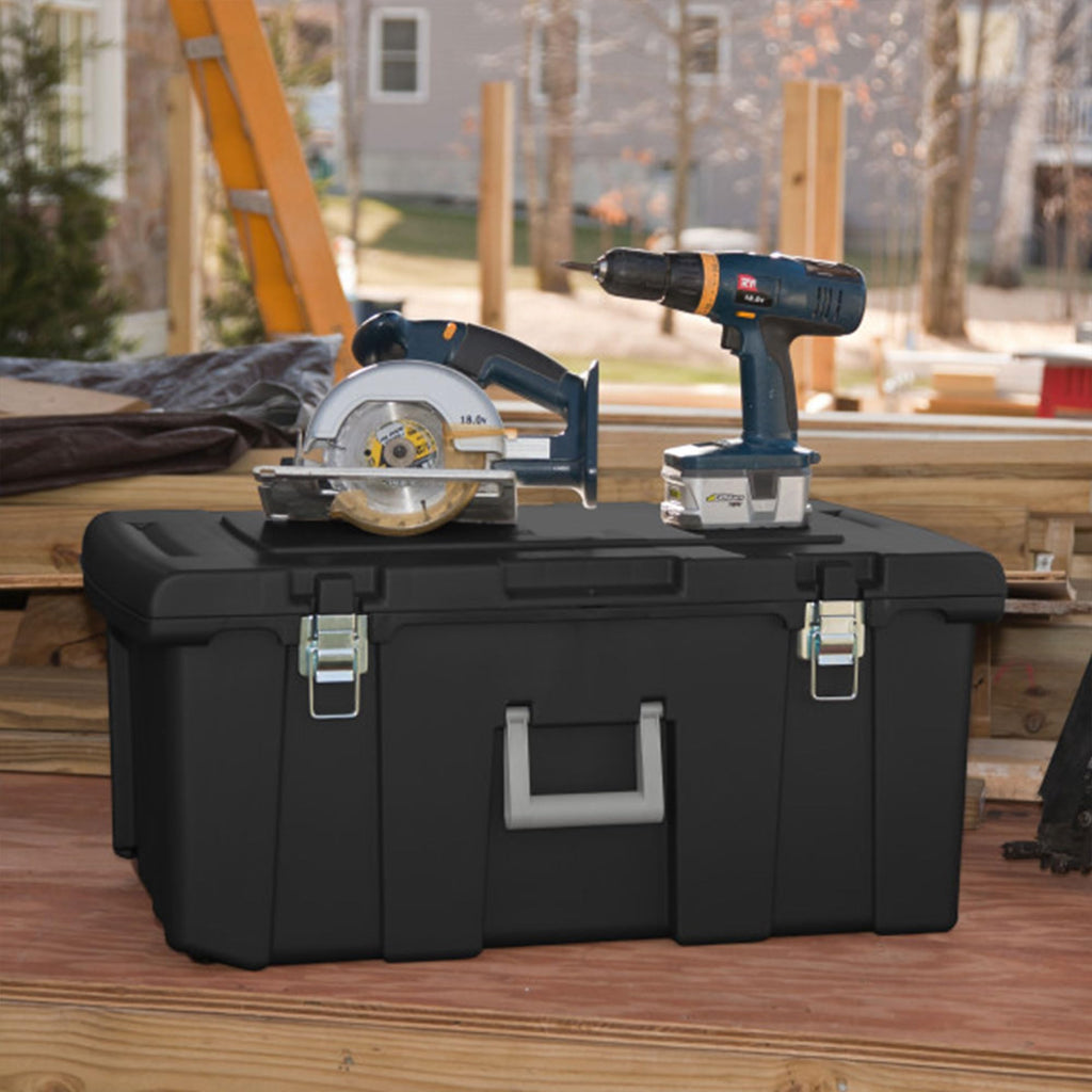 Stackable Plastic Storage Bin with Latching Lid, Wheels and Handle, Black I261848