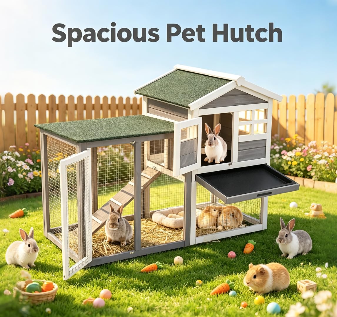 48" 2-Story Wooden Rabbit Hutch with Ramp I5359
