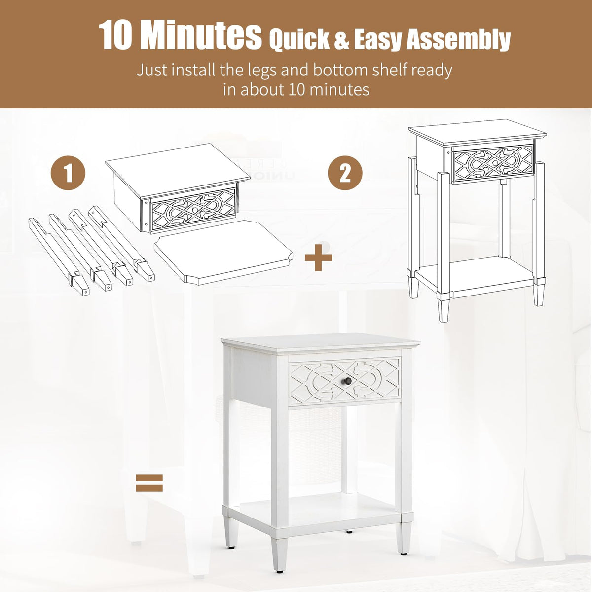 26" Solid Wood Nightstand with Drawers I710