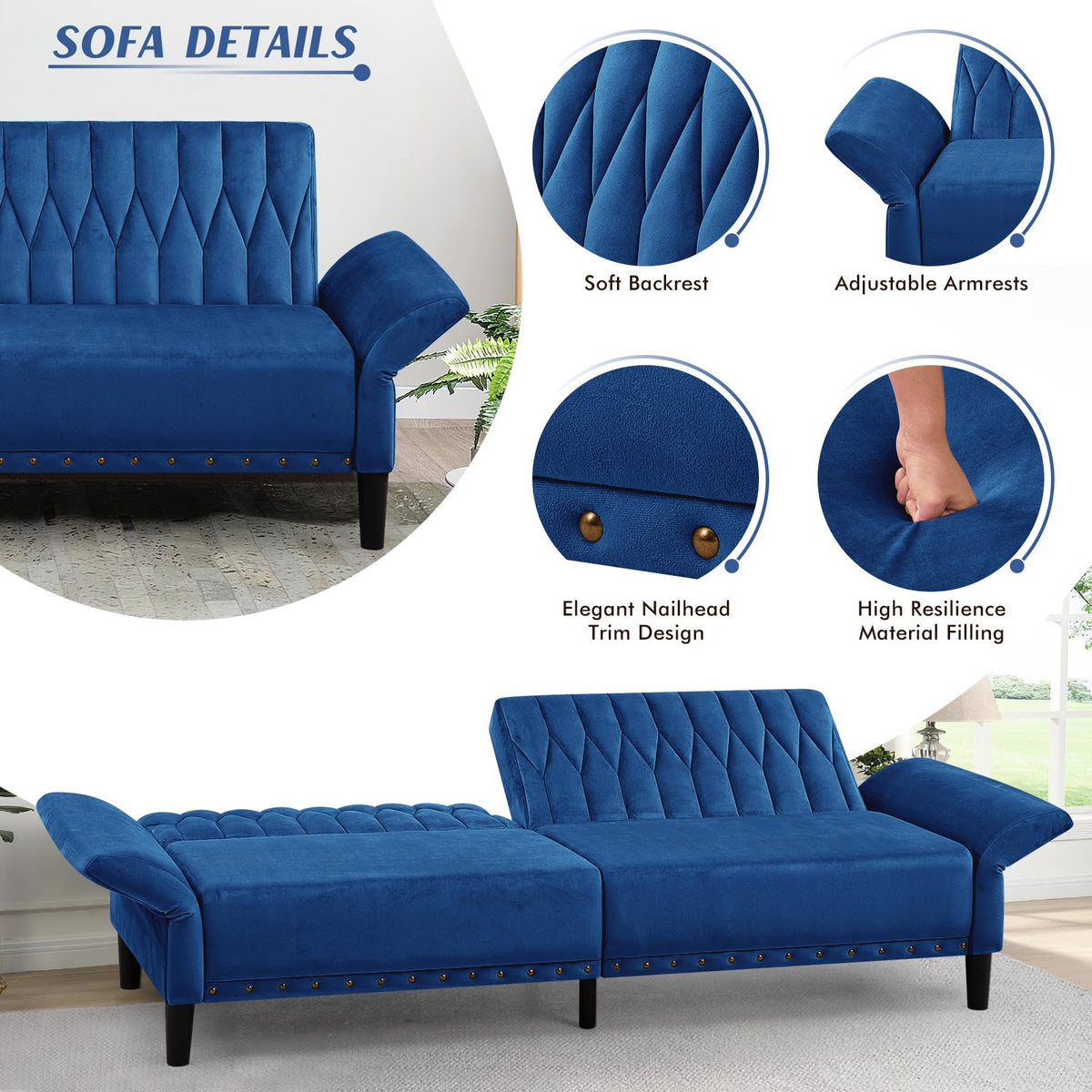Blue Velvet Sofa Bed Z30546