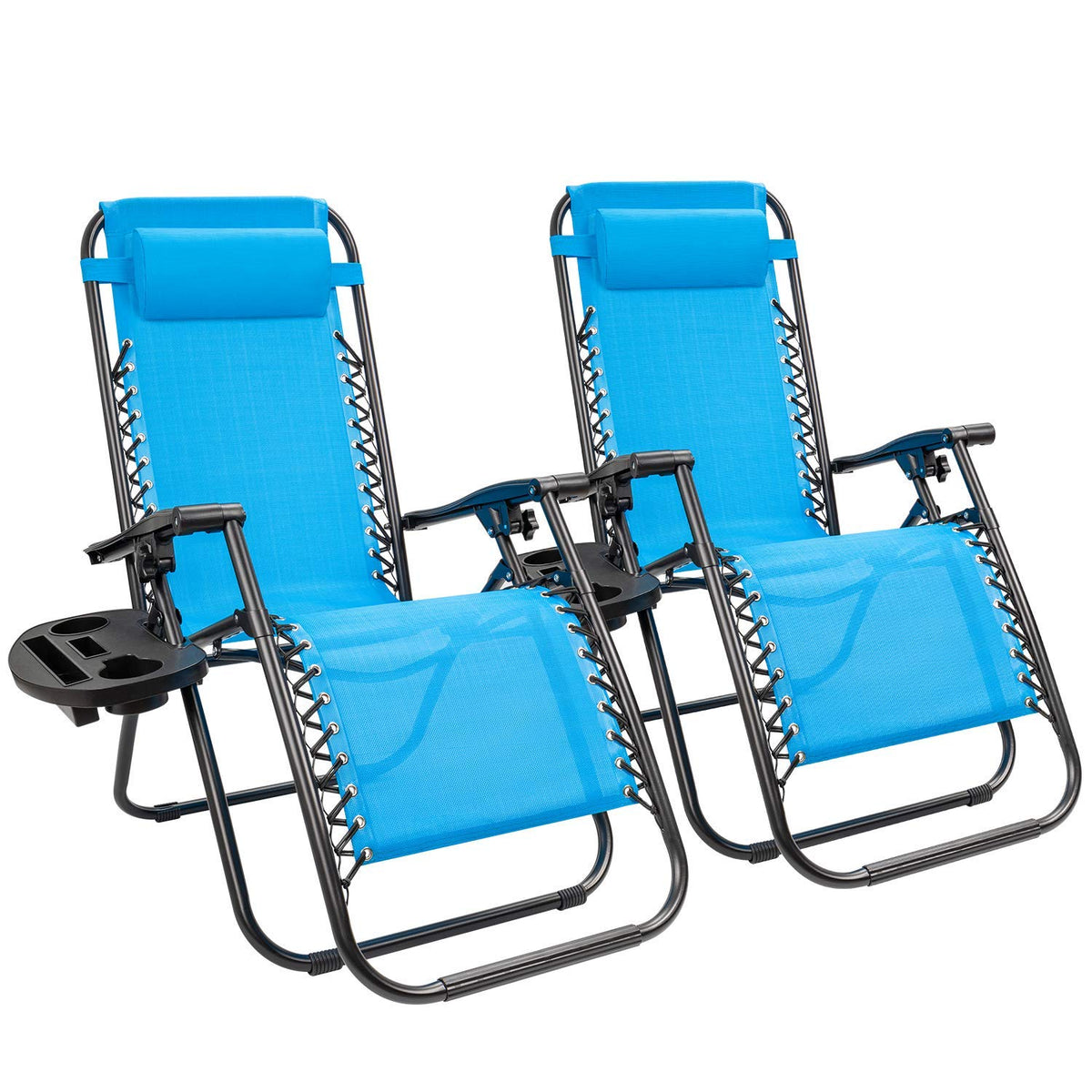 Blue Set of 2 Adjustable Folding Lounge Chair with Pillows and Cup Holders E7261