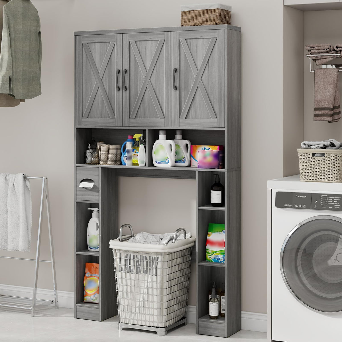 Over The Toilet Storage Cabinet with 3 Barn Doors O1907