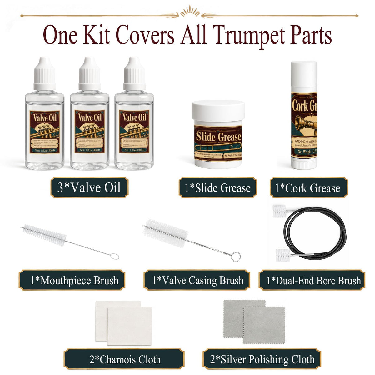 Trumpet Cleaning Kit with Oil, Grease & Brushes H396481
