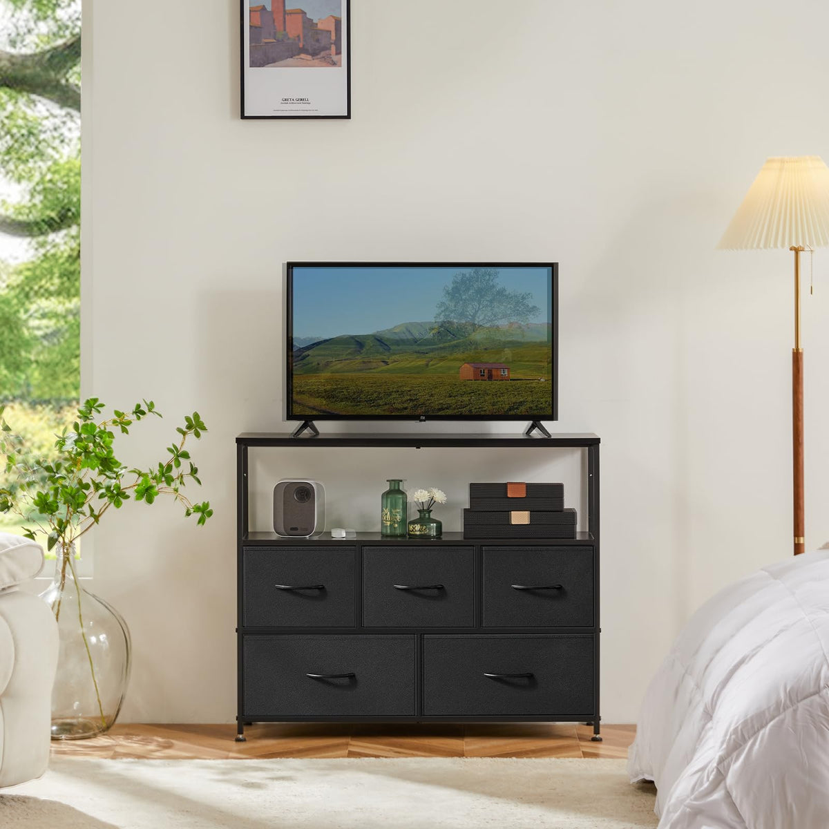 Black TV Stand Media Console with LED Power Station R5716