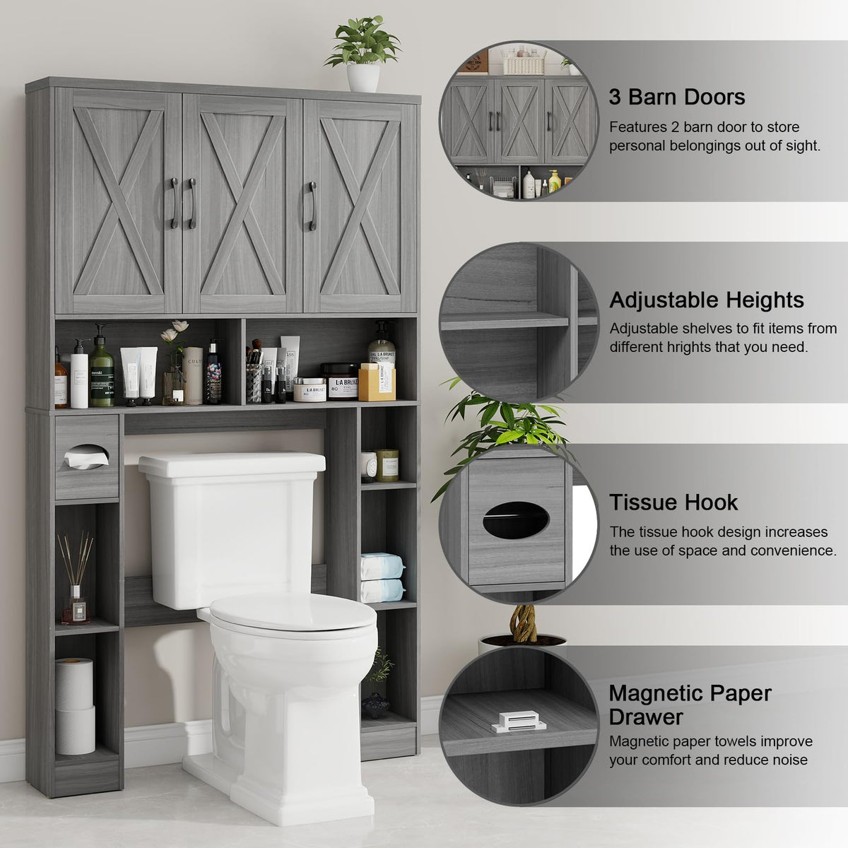 Over The Toilet Storage Cabinet with 3 Barn Doors O1907