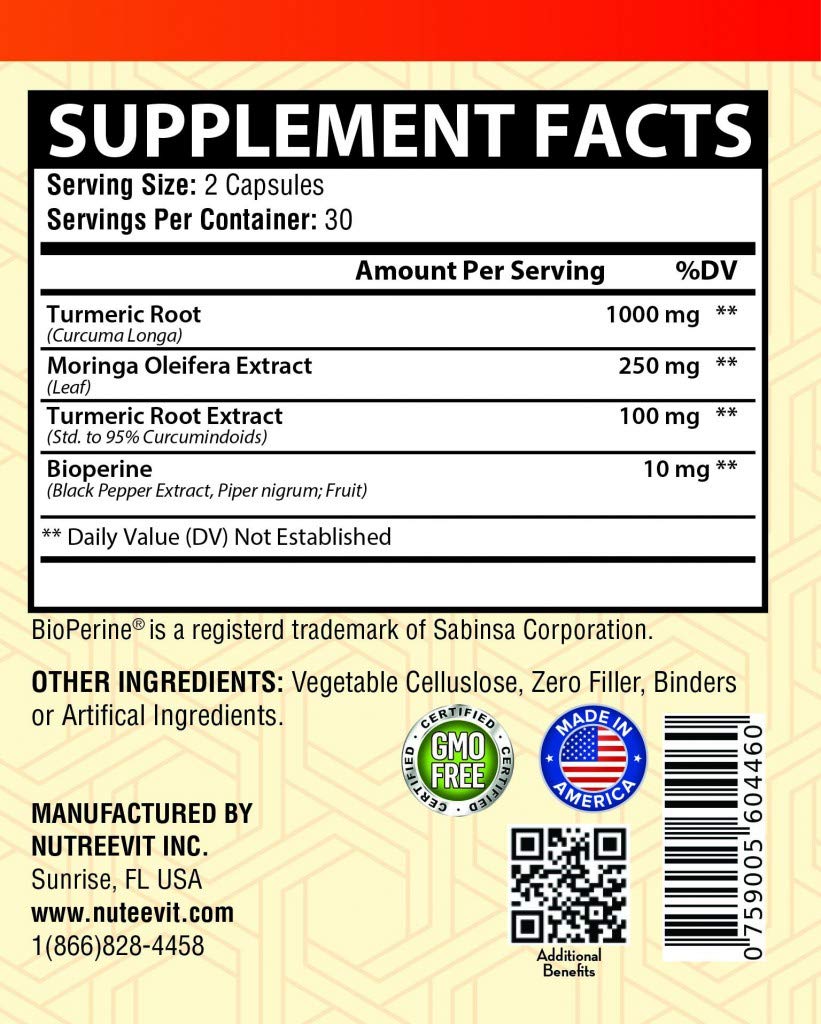 Organic Turmeric Curcumin with Moringa Oleifera and Bioperine Supplement 200 Count S962