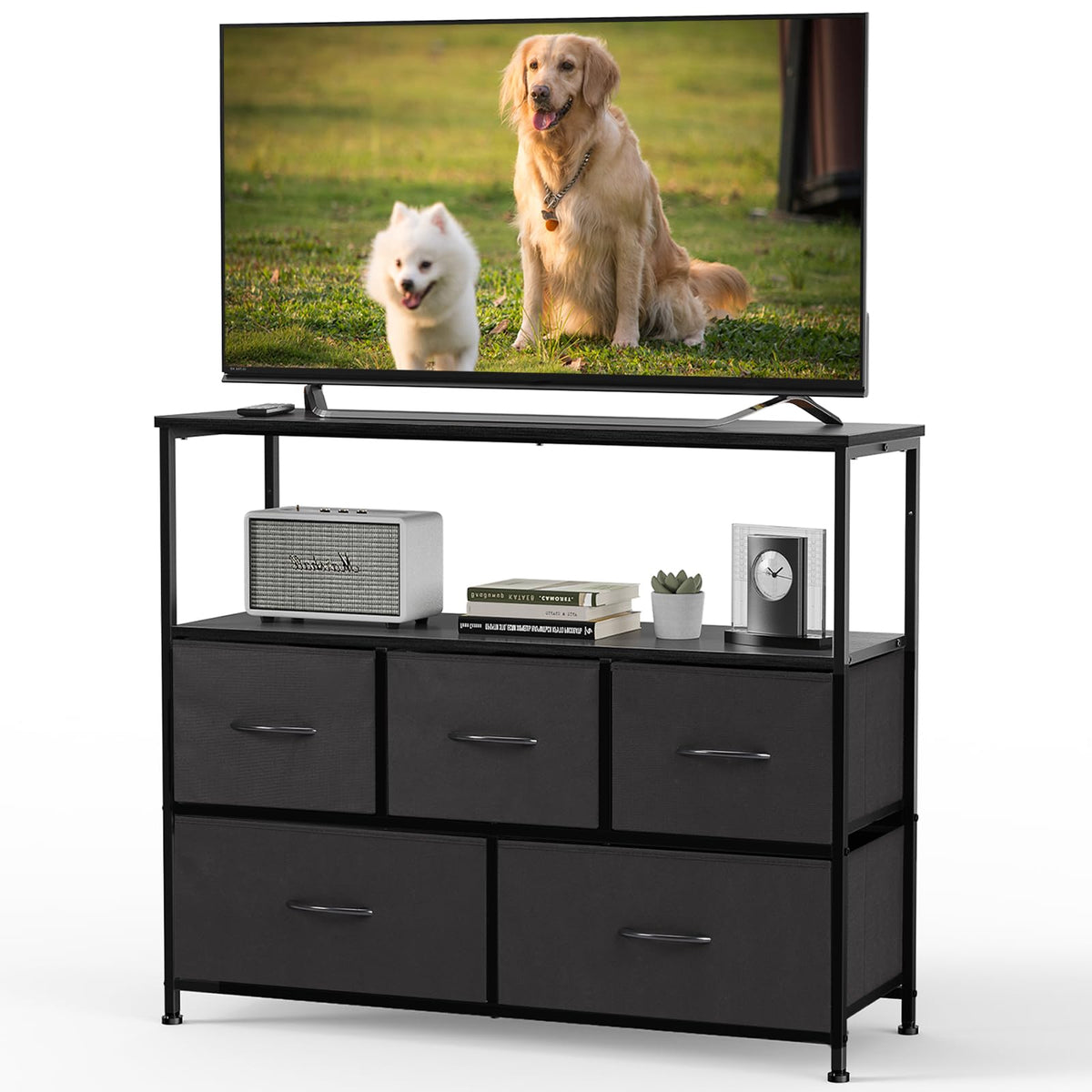 Black TV Stand Media Console with LED Power Station R5716
