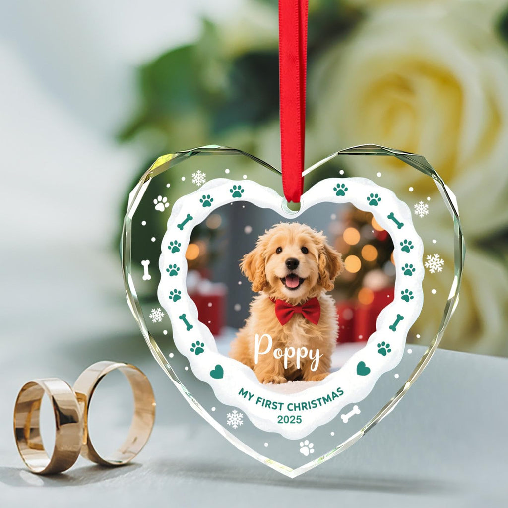 Personalized Dog's Name & Photo Heart Glass Ornament A58105