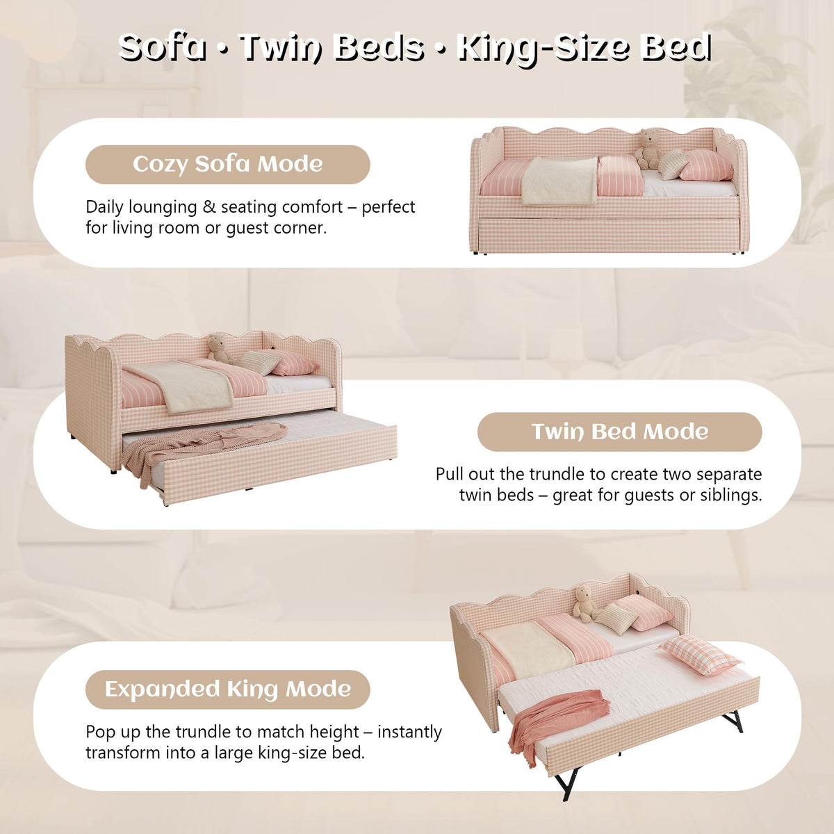 Twin to King Upholstered Daybed with Pop Up Trundle Bed P64355