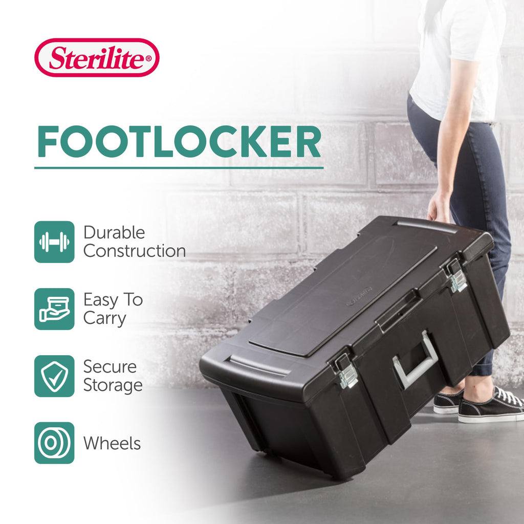 Stackable Plastic Storage Bin with Latching Lid, Wheels and Handle, Black I261848
