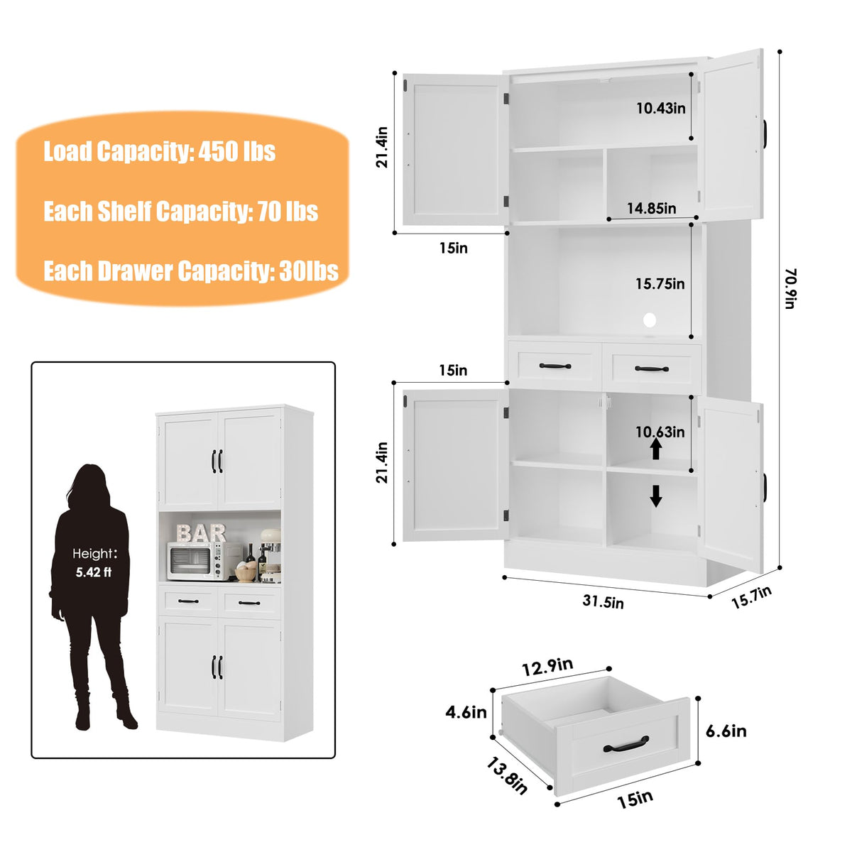 White Tall Wood Kitchen Pantry Storage Cabinet A418889