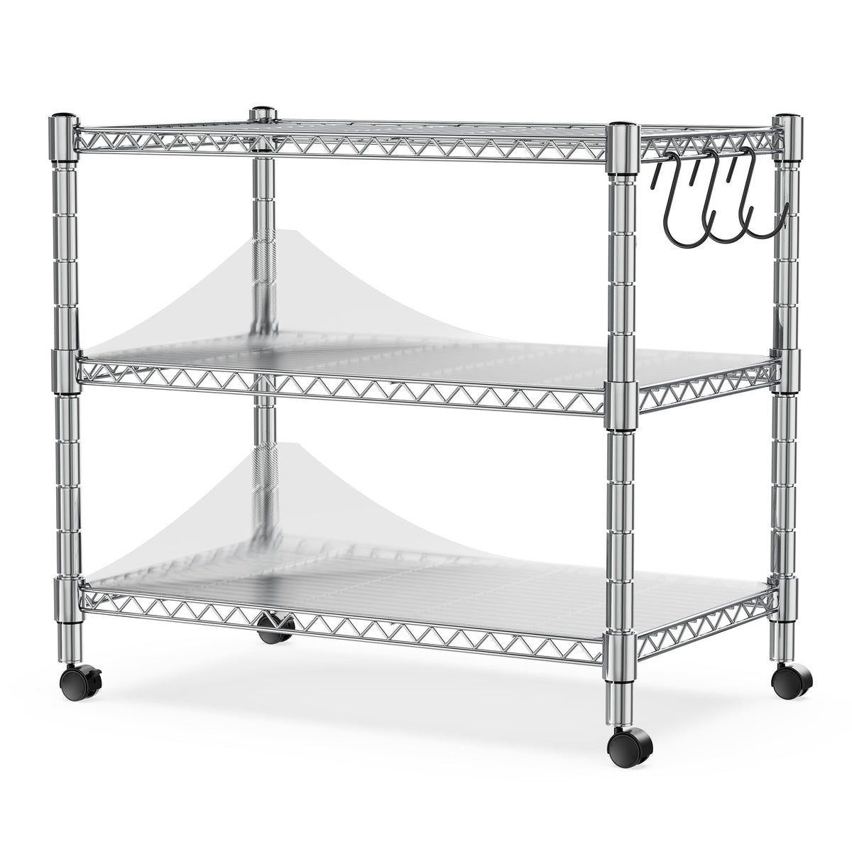 Heavy Duty 3-Shelf Chrome Steel Shelving Unit with Wheels P543