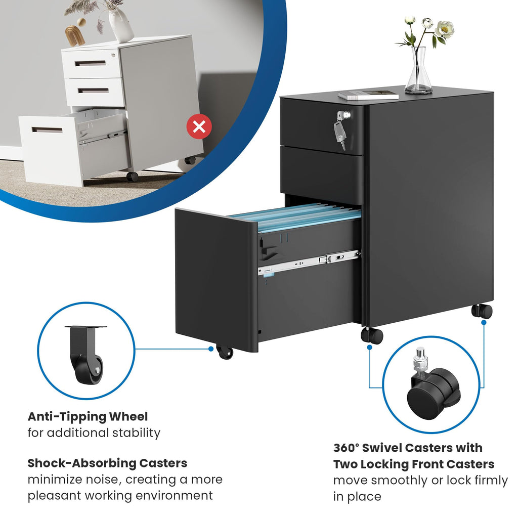 Black 3 Drawer Rolling File Cabinet with Lock F249764