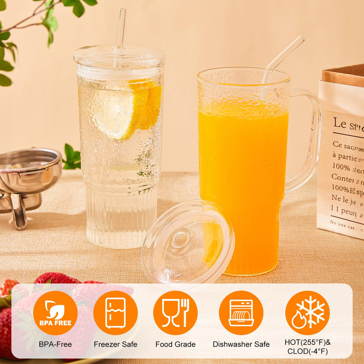 24oz Clear Glass Tumbler with Handle, 2 Pack X7796