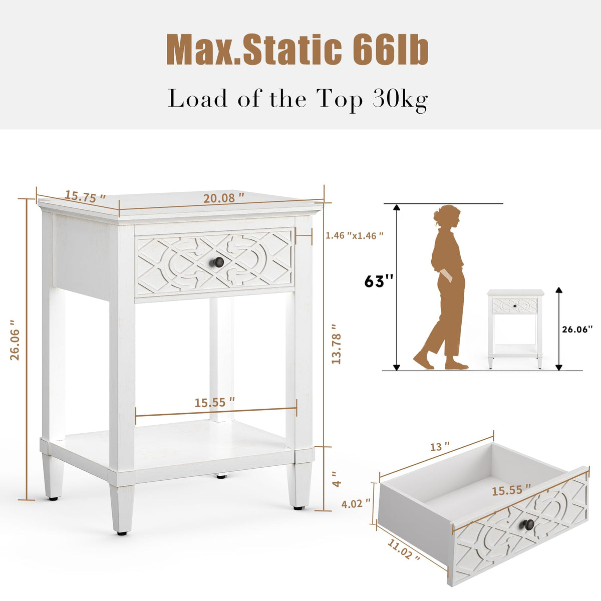 26" Solid Wood Nightstand with Drawers I710