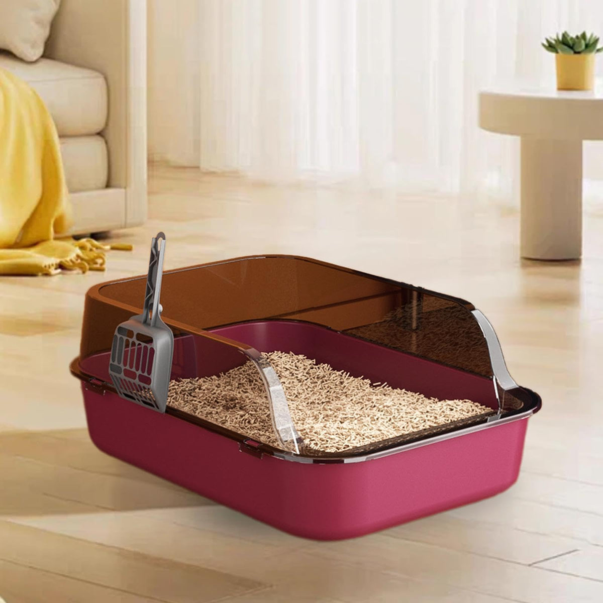 Open Top Sifting Litter Box High Sided Portable Semi Enclosed Pink Z8467
