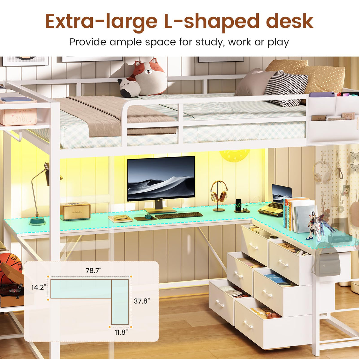 White Twin Loft Bed with L-Shaped Desk and 8 Storage Drawers A4807