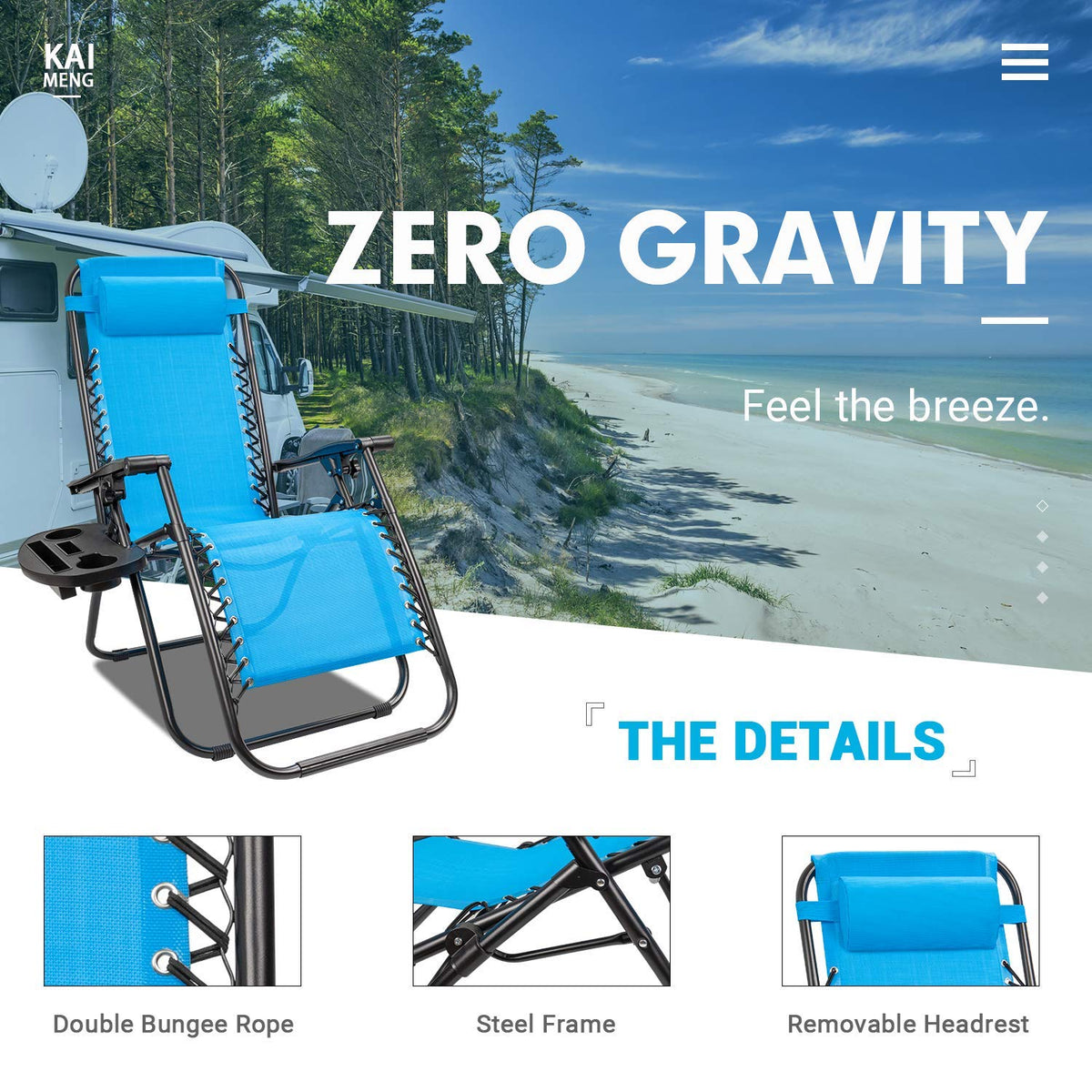 Blue Set of 2 Adjustable Folding Lounge Chair with Pillows and Cup Holders E7261
