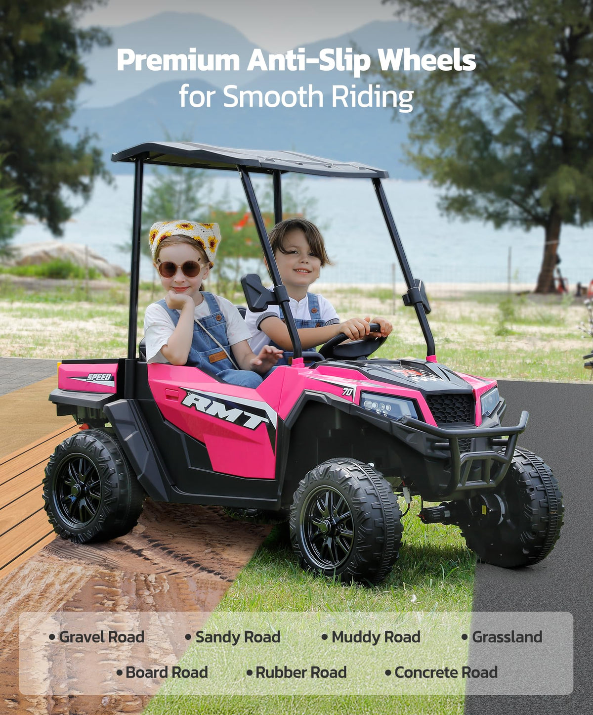 24V 2 Seater Ride on Car with Sun Shade Dump Bed Shovel Hot Pink N495868