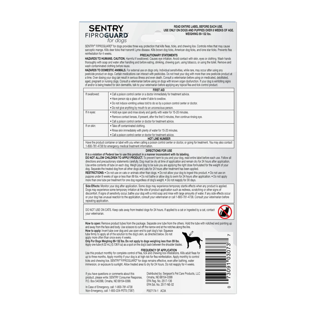 Flea & Tick Dogs 89-132 lbs Fipronil 6-Month C5503