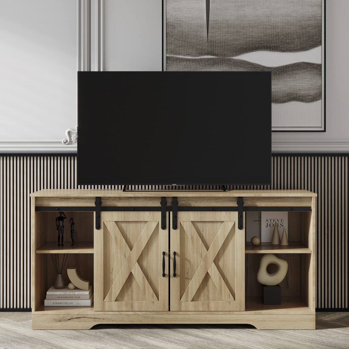 Sliding Barn Door Wood TV Stand with Adjustable Shelves B964595