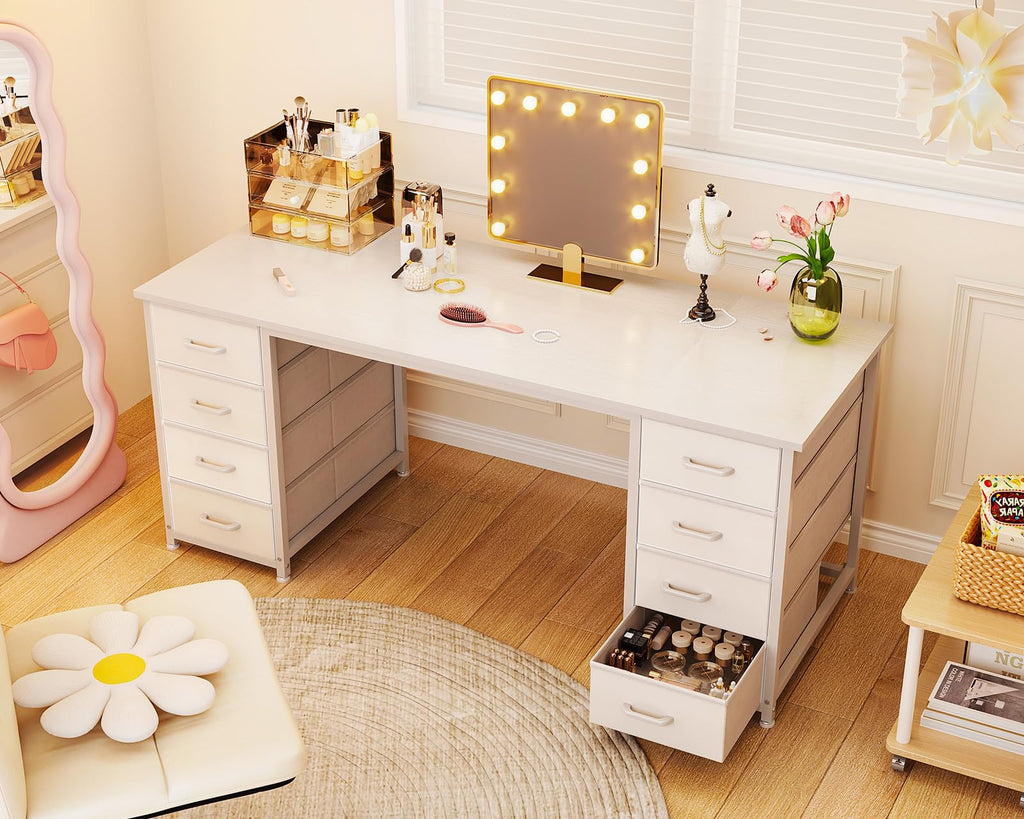 55 Inch Computer Desk with 8 Fabric Drawers White V356