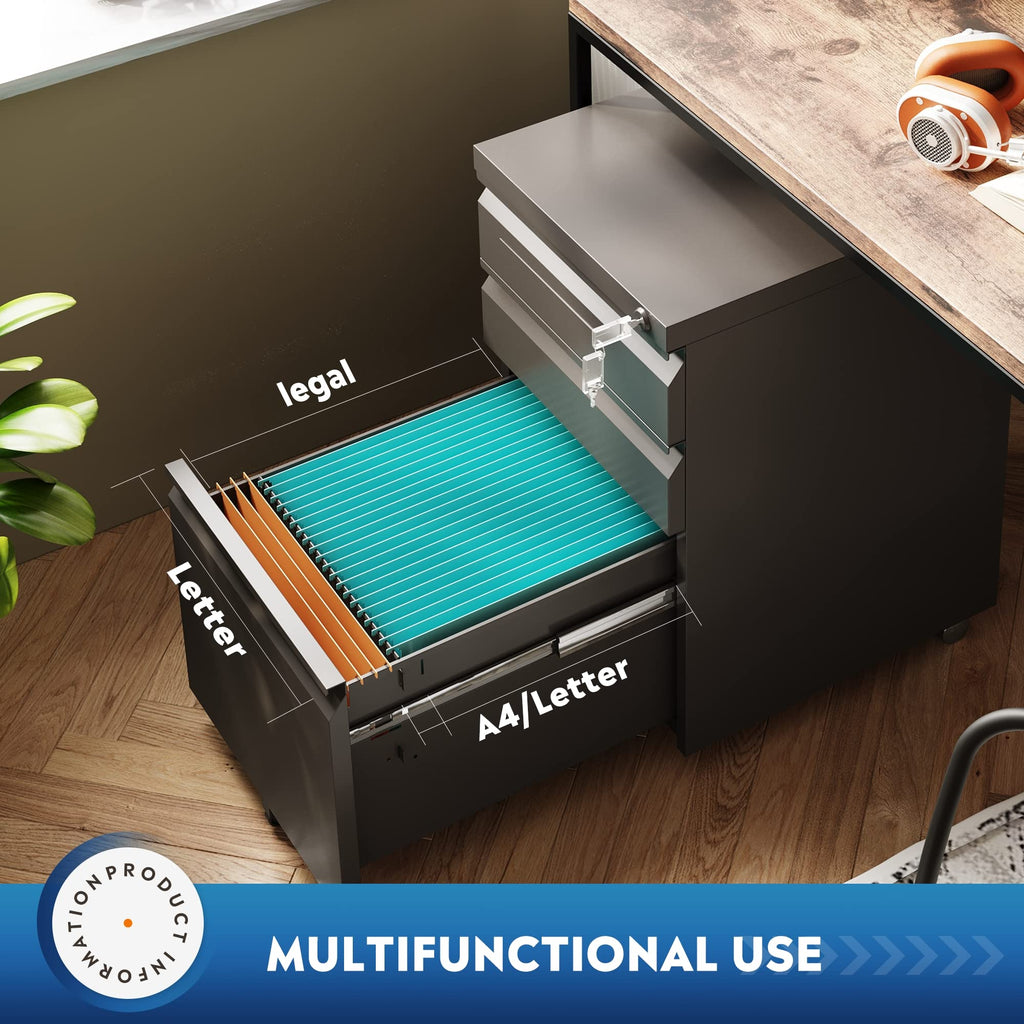 3 Drawer Mobile File Cabinet with Lock, Black R5423